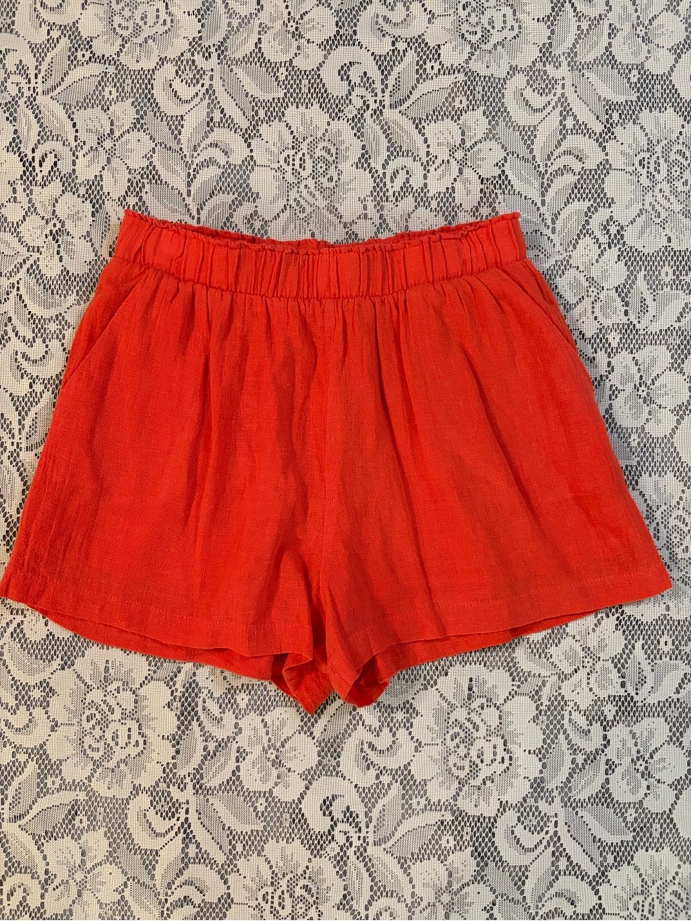 Karlie 100% Linen Coral High-Rise Gathered Waistband Shorts